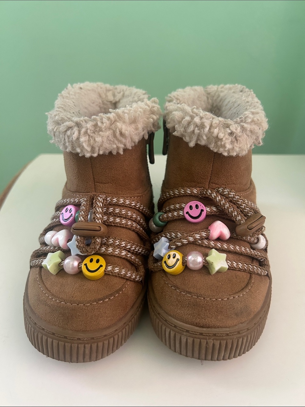 Kids Brown Faux-Suede Winter Boots with Smiley Bead Accents